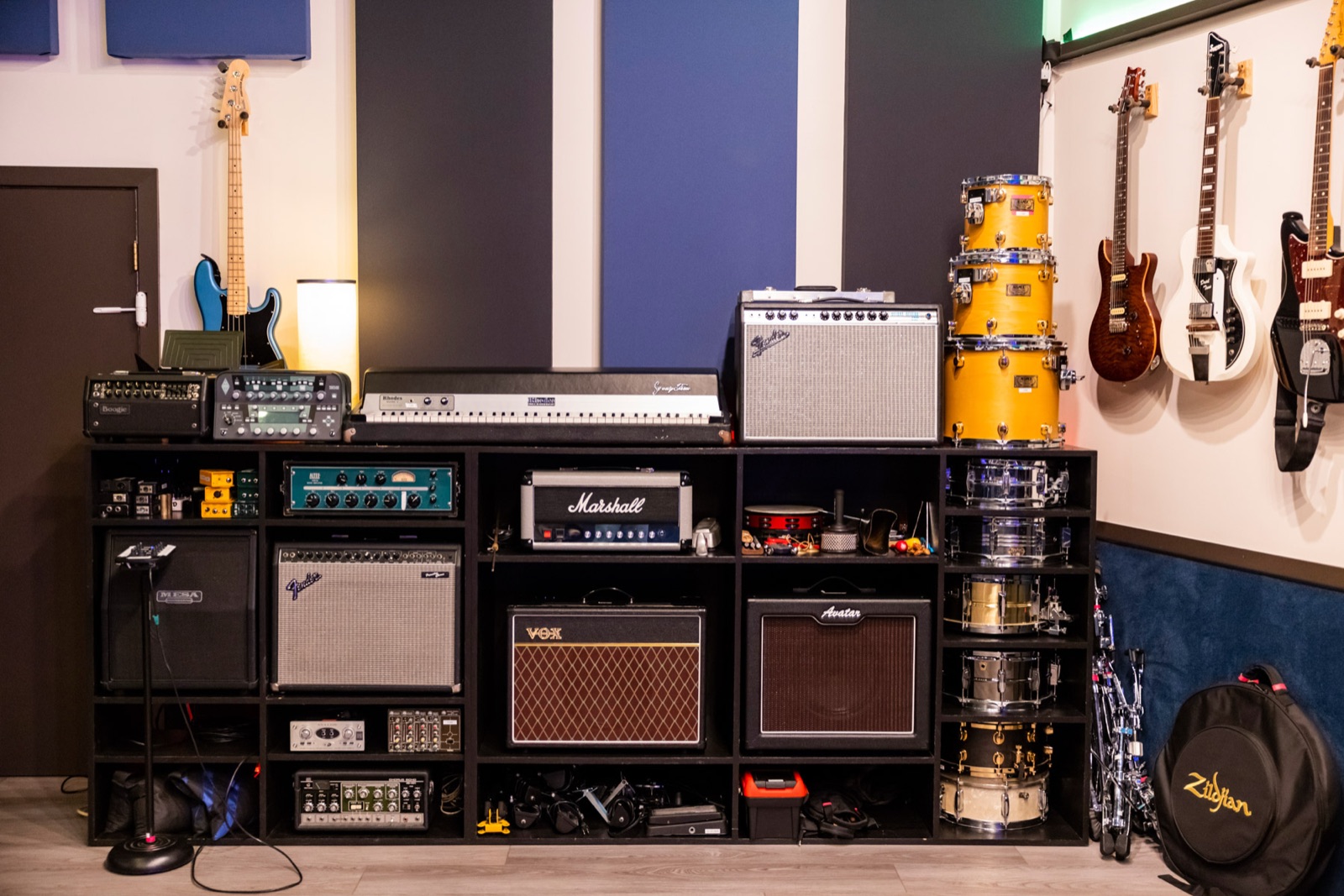 A wall of amplifiers and instruments